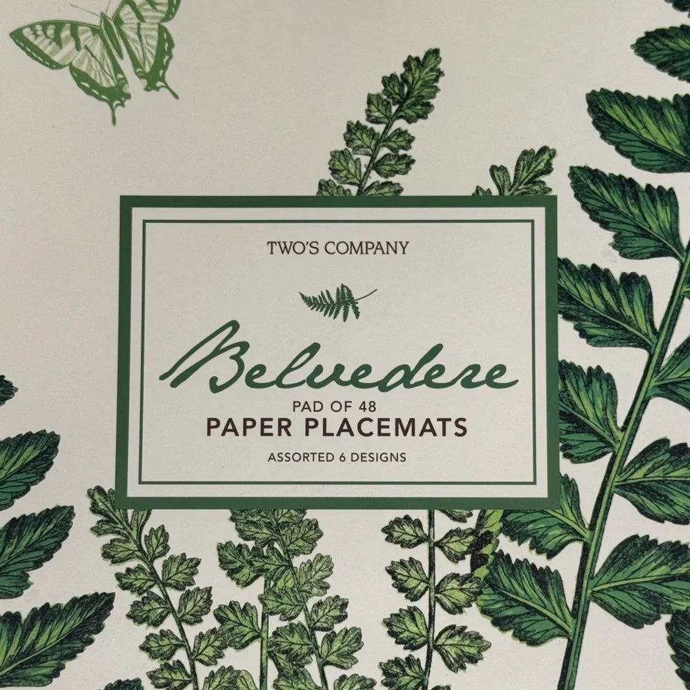 Two's Company Belvedere White Green Floral 48 Paper Placemats Sheet Tear-Off Pad